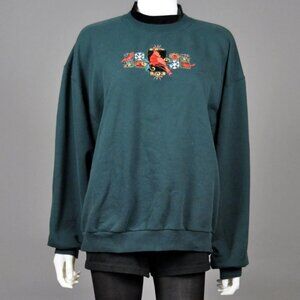 Vintage 1990's HOLIDAY Christmas Dark GREEN Embroidered Red Robin Velvet Turtlen